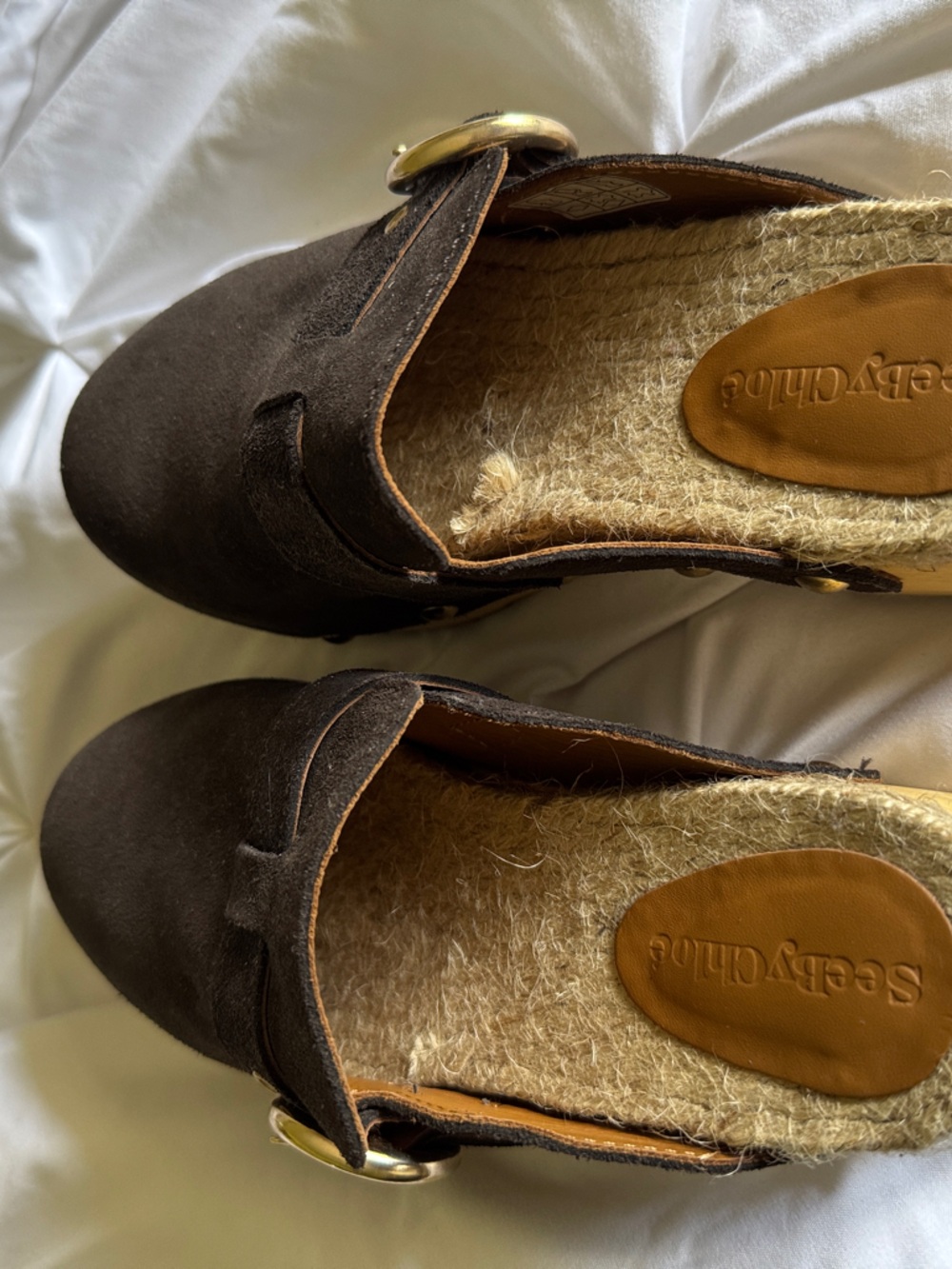 See By Chloe Dark Brown Suede Mule Clogs with Gold Buckle